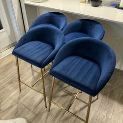 Blue Velvet Bar Stools With Gold Legs(4)