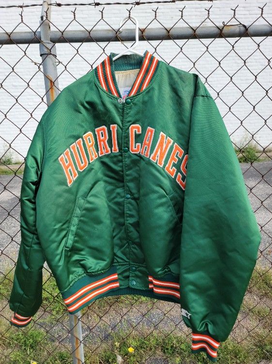 VTG USED NCAA Miami Hurricanes Leather Jacket Tagged On Demand Corp Size L