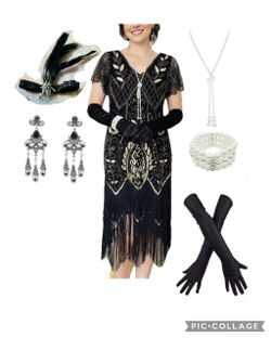 New with Tags Elegant black and gold sequined flapper dress set from Fundasy. Medium