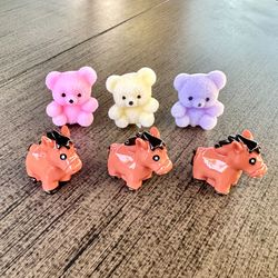 Darling miniature flocked bears & plastic horses toys for dollhouse or display - all for $7 