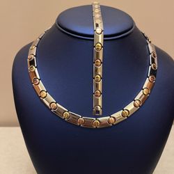 Brand new Jewelry set. This is a tri-color herringbone braided chain necklace and bracelet.  Tri-color bracelet features a yellow gold, rose gold, and