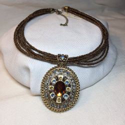 Bronze Metallic Seed Bead Multi strand Necklace With Rhinestones and Enamel Accented Pendant, *New With Tag