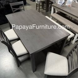 New! Grey 6pcs Dining Set, Dinette Set, Casual Dining Set, Table And Chairs, Bench, Wooden Table, Table, Chairs, Rectangular Dining Set, Grey Table Se