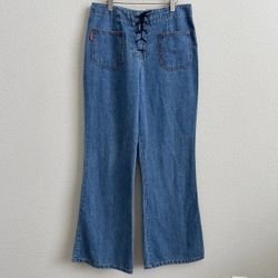 EUNINA Vintage 90s Light Blue Lace Up Fly High Waisted Hippie Flare Leg Jeans