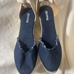 Soludos Sandals Women’s Dark Blue Denim Fringe Espadrille Wedge Size 11