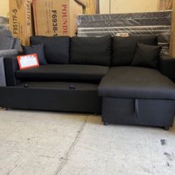 Black Sectional Sofa Pullout Bed With Storage 87”x 57”