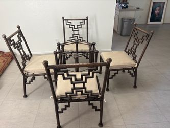 Heavy iron table set with missing glass hexagonal top