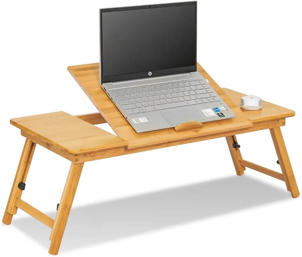 MoNiBloom Laptop Desk for Bed with Adjustable Tilting Top, Bamboo Bed Sofa Couch Table Breakfast Tray with Folding Legs for Computer iPad Writing Read