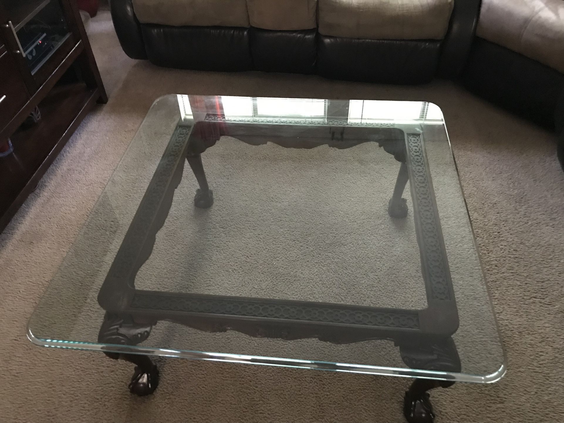 Solid Mahogany Clawfoot Glass Top Coffee Table