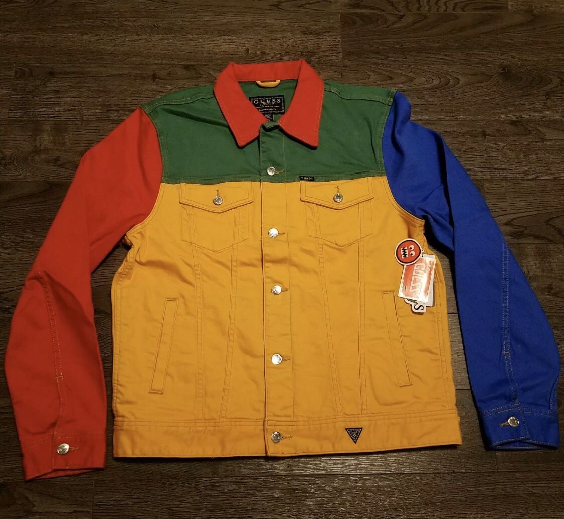 Guess x J BALVIN Vibras Denim Color Block Jacket Red Yellow Green Blue 2XL