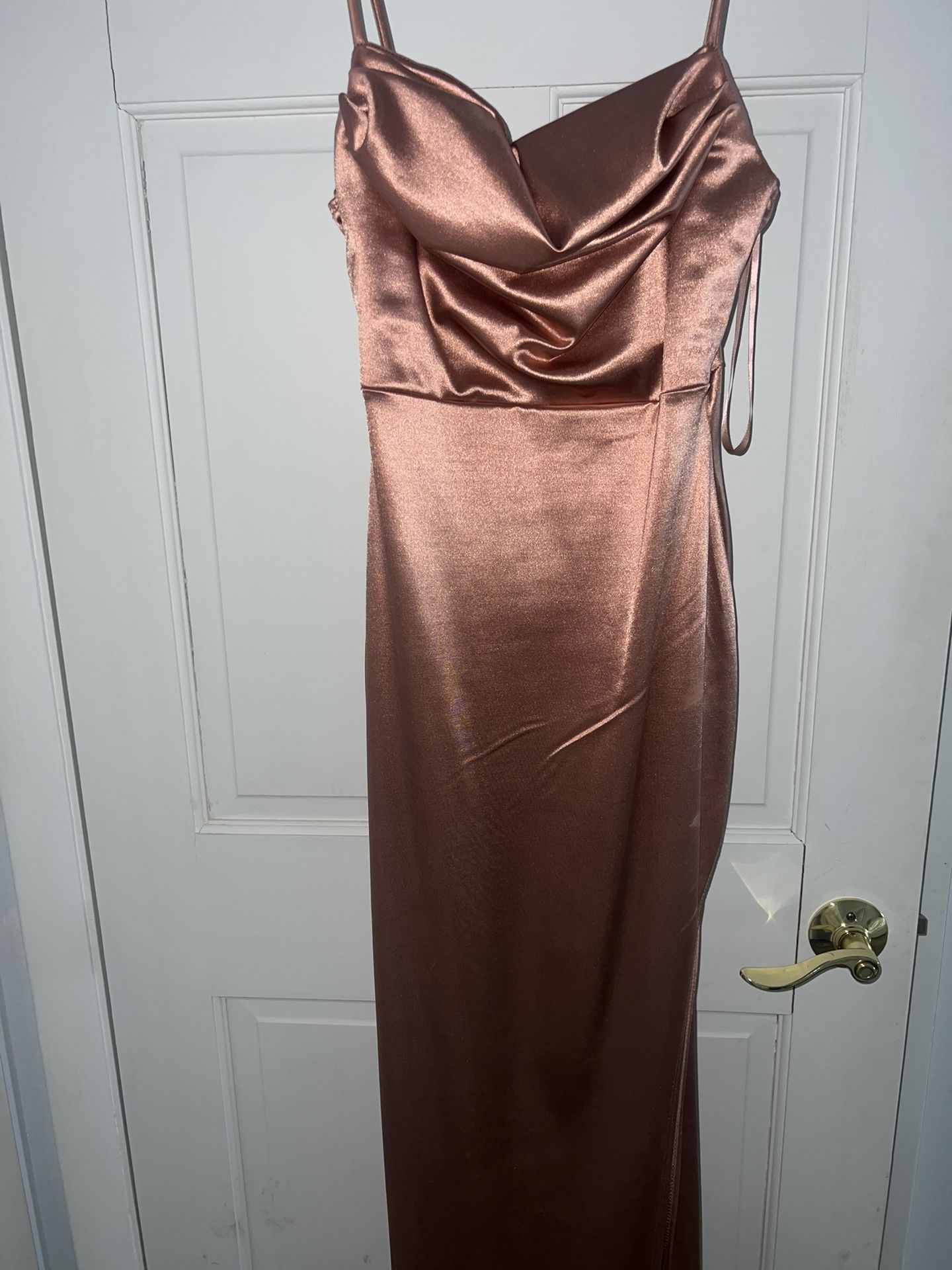 Windsor High Slit Rose Gold Satin Dress 