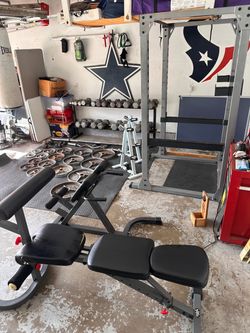 SQUAT RACK, BARBELL, PLATES, ADJUSTABLE BENCH - $400