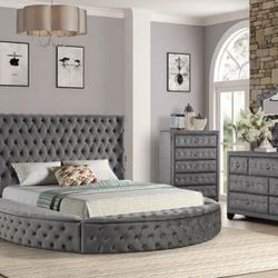 NEW GRAY ROUND VELVET BEDROOM SET WITH USB PORTS! AVAILABLE FOR IMMEDIATE DELIVERY 