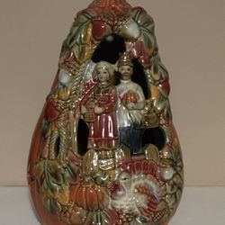 Thanksgiving Tea Light Holder Pumpkin With Pilgrims and aTurkey