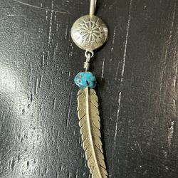 Sterling Silver 925 Ray G Navajo Pendant Feather Turquoise Vintage 