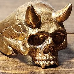 Custom Handmade 24k Dipped Gold Half Jaw Horned Skull Ring Mens Size USA 10.5