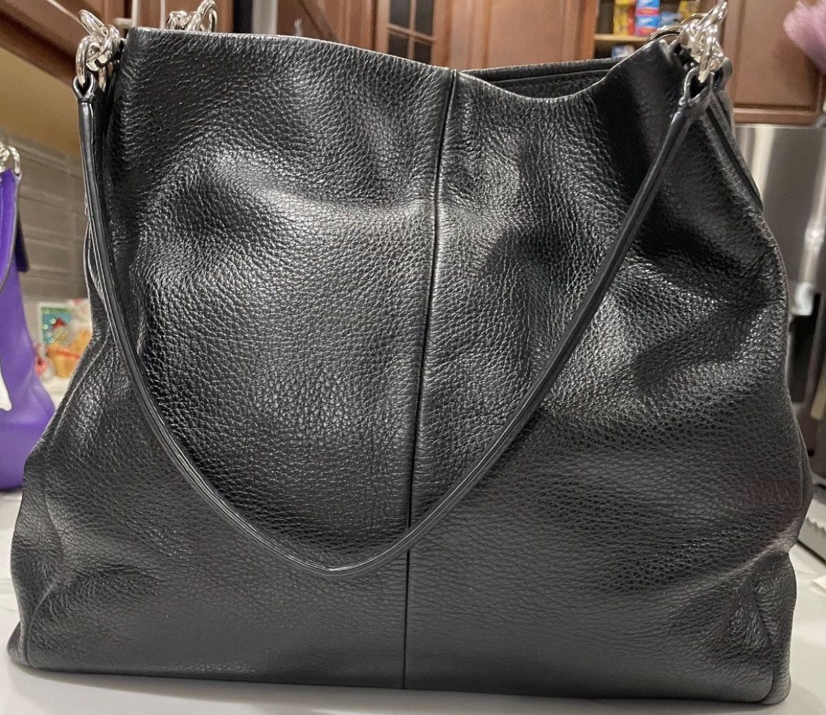 Womens Black Coach Phoebe Pebble Leather Silver Hardware Tote Bag Purse F34495