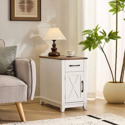 EROMMY Farmhouse End Table with Charging Station, Narrow Side Table for Living Room, Nightstand