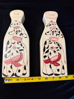 Vintage 1990s Hand Painted Stacked Cow Milk Bottle Wall Plaques Pair