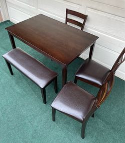 LIKE NEW 5-PC MINIMALIST LIGHT WEIGHT BROWN FINISH DINING SET (1 TABLE 3 PADDED CHAIRS AND ONE PADDED BENCH)