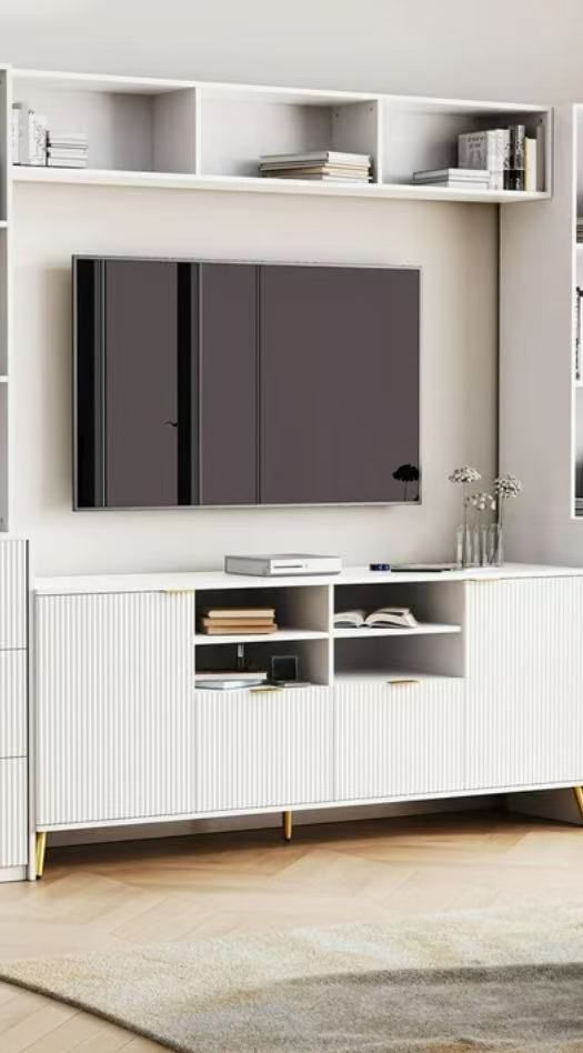 😀 2Pcs Entertainment Wall Unit, Multifunctional TV Stand 2 Drawers Cabinets, Home TV Storage Cabinet with Fluted Line Surface for TVs Up to 70"
