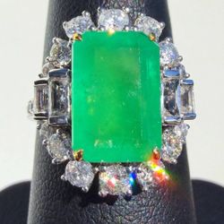 18k solid white gold Natural 4Ct Green Emerald Diamond White Sapphire Antique Art Deco style Engagement ring sz6.5