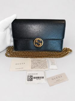 Authentic Gucci GG Leather Chain Wallet / Crossbody – Black with Gold Hardware