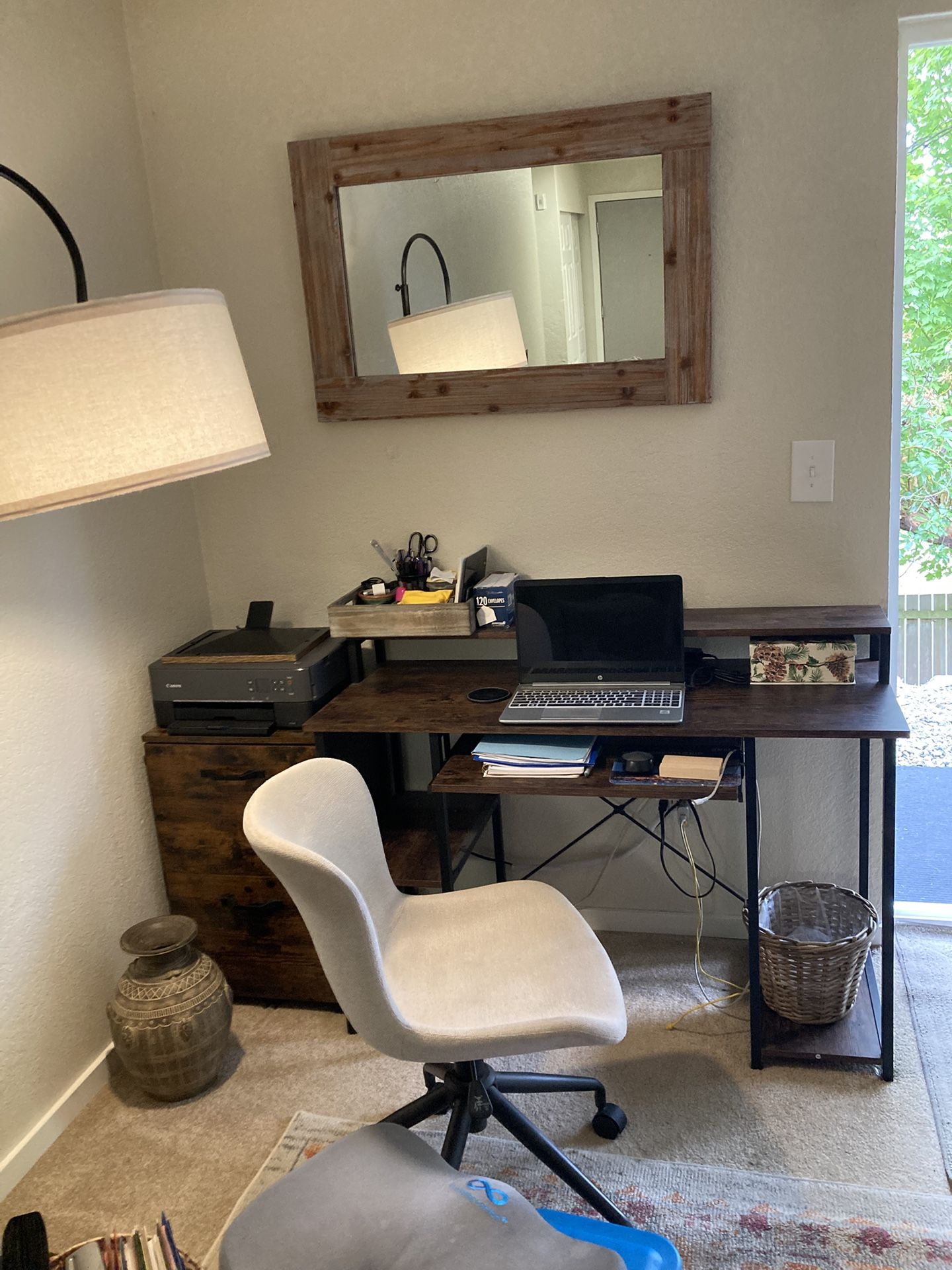 Desk, filing cabinet, chair
