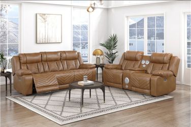 Brown Power Reclinersl set Sofa & Loveseat with Bluetooth speakers and drop down cupholders