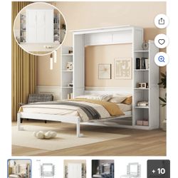 Harper & Bright Designs Wood Queen Size Murphy Bed with Storage Shelves and LED Lights, Foldable Wall Bed Murphy Bed Cabinet for Guest Room Home Offic