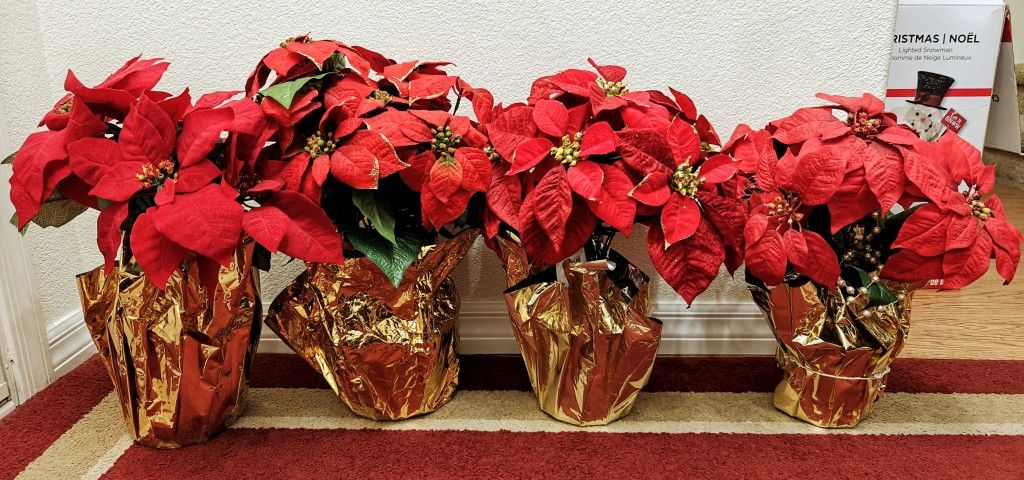 Artificial 20" 4 Christmas Red Gold Glitter Faux Pointsettia Poinsettia Flower Plants Centerpieces