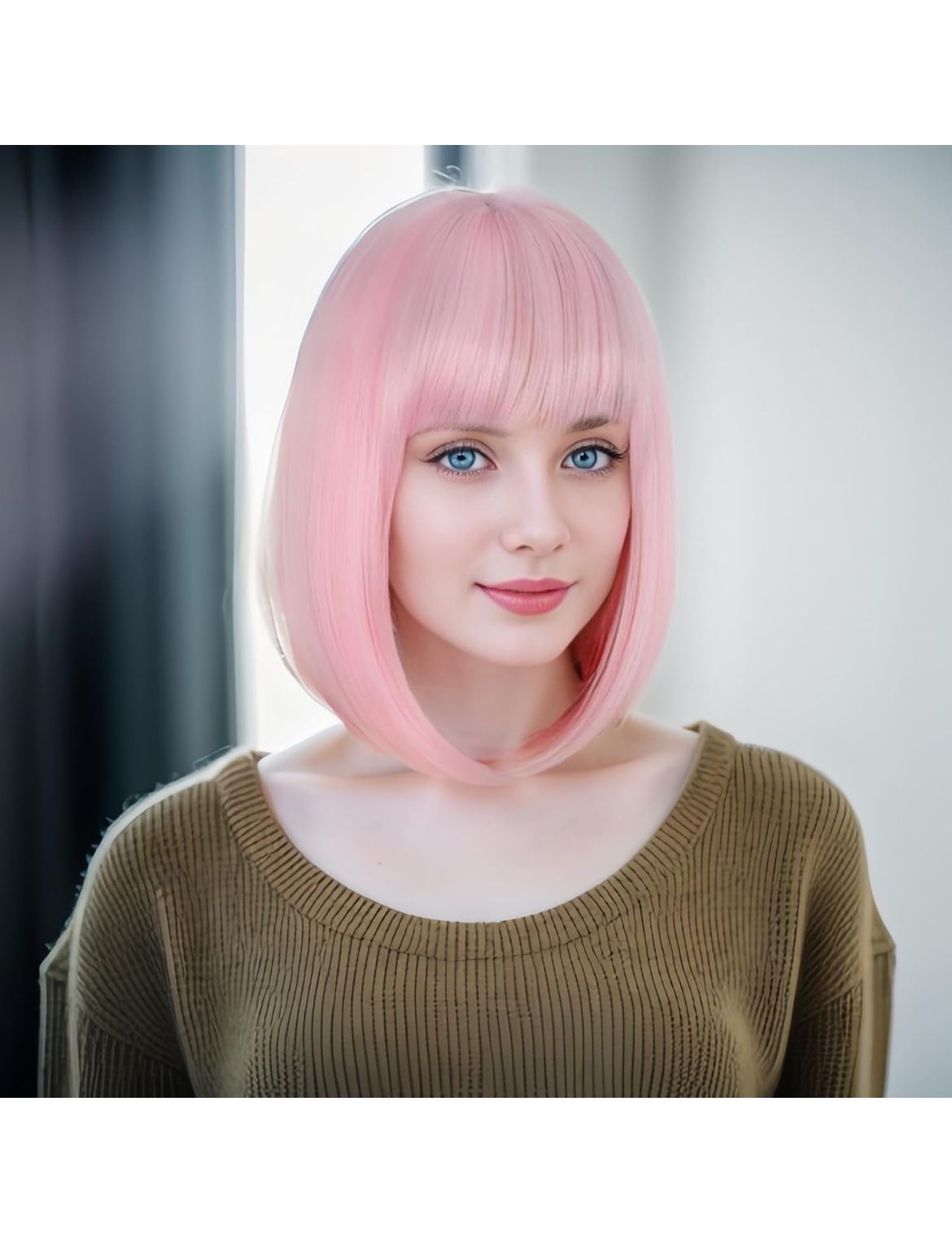 Pink Bob Wig with Bangs 12 Inch Yaki Straight *BRAND NEW*