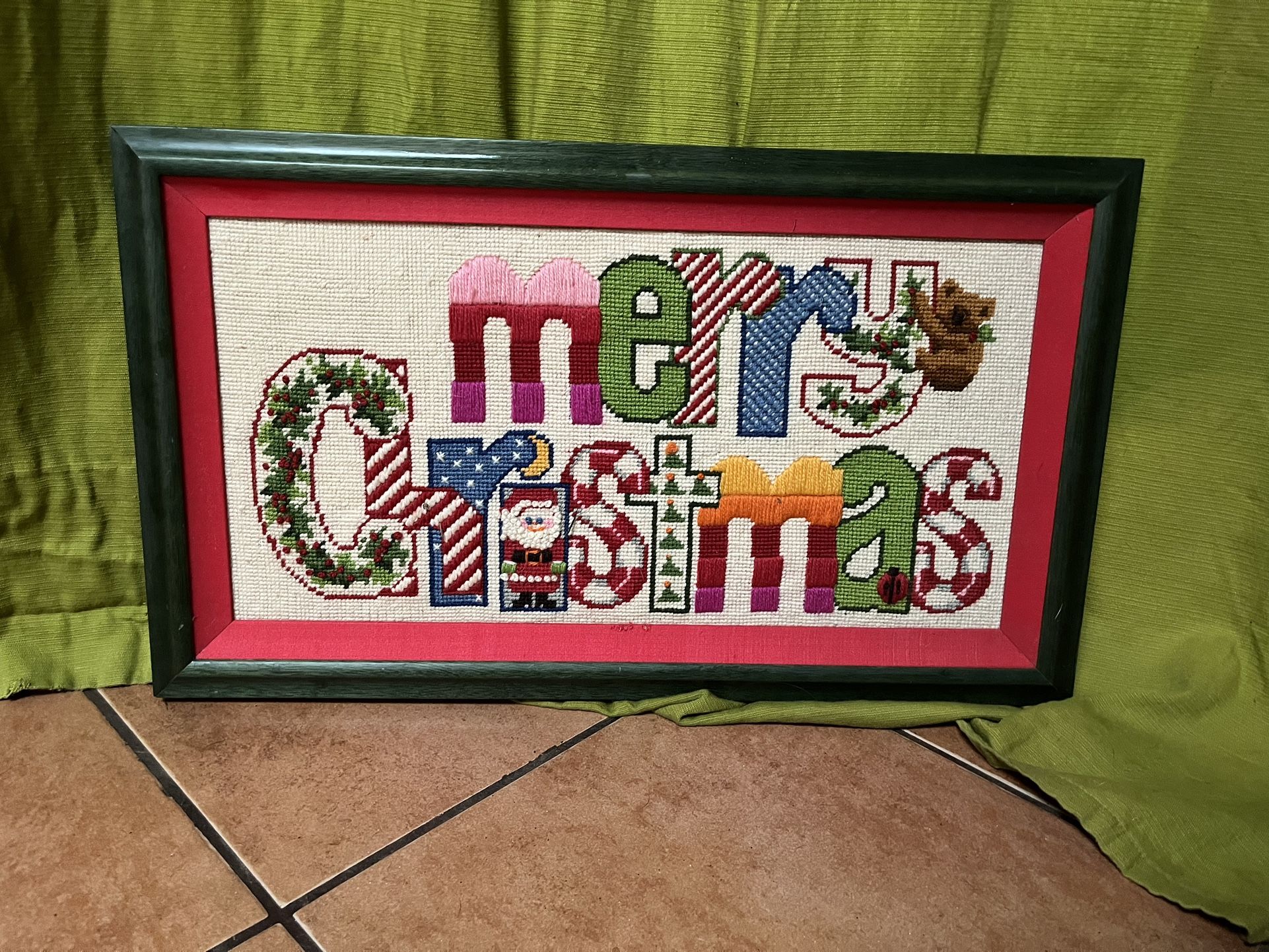 Vintage Christmas Crewel Work Framed Art 