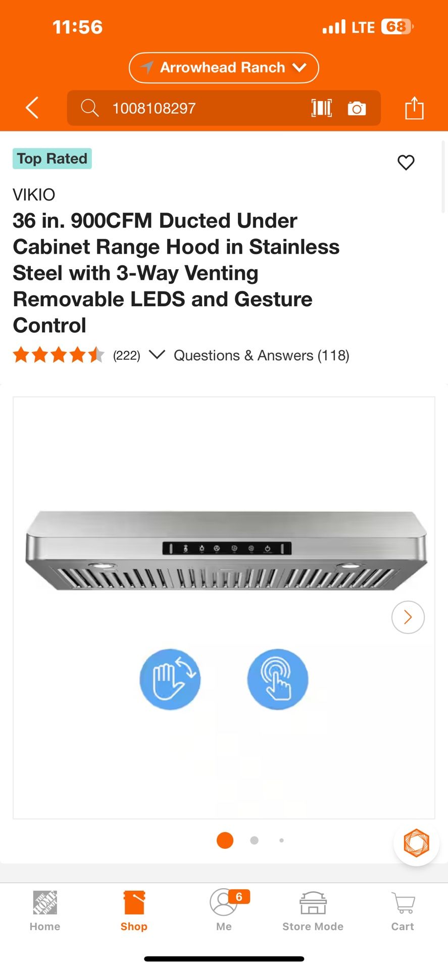 Top Rated VIKIO 36 in. 900CFM Ducted Under Cabinet Range Hood in Stainless Steel with 3 Way Venting Removable LEDS and Gesture Control