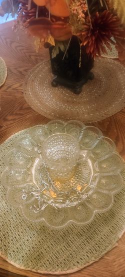 VINTAGE GLASS DEVILED EGGS HANGING BIRD FEEDER WITH WATER BIRD BATH