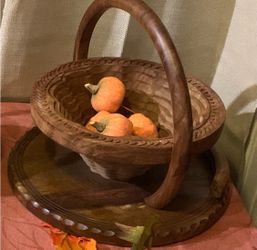 Hand Carved Rosewood Bowl Collapsible Round Basket Style Decor