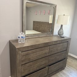 Bed frame and dresser with mirror