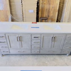 Beautiful Bathroom Vanity in Gray 84”, double sink, soft close solid wood. $1299 