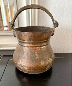 Antique Hand-Hammered Copper Cauldron Pot w/ Heavy Iron Handle