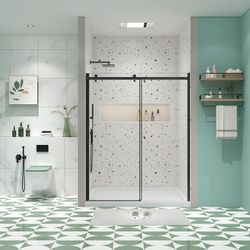 Glass Shower Door Sliding 46-48" x 74" Matte Black 5/16" Tempered Glass Nano Easy Clean Left Or Right Opening Aluminum Alloy Frame 8" Stainless Steel 
