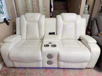 White Faux Leather Power Reclining Loveseat with Console and Speakers