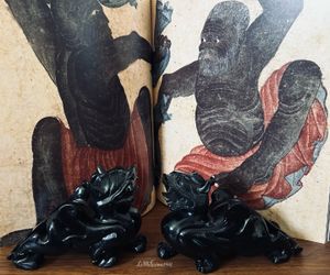 Vintage Volcanic Black Stone Foo Dogs | Feng Shui Wealth Guardians | Chinoiserie | Home Decor 