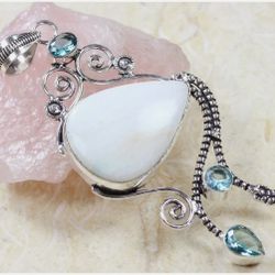 Larimer & Blue Topaz 925 Sterling Silver Plated Gemstone 3.28" Pendant