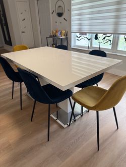 Modern White High-Gloss Dining Table + 6 Velvet Chairs + Wall Art