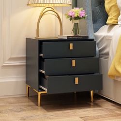 NIGHTSTAND DRESSER navy blue END TABLE IN GOLD METAL LEGS WITH 3 DRAWERS，navy blue  Large Storage Capacity] 3 drawer make your bedside organ