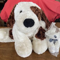 Large floppy plush stuffed dog w/baby puppy - off-white brown & spotted
