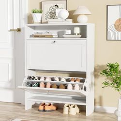 Shoe Cabinet with 2 Flip Drawers, Shoe Storage Cabinet with Open Storage & Crystal Handle, Narrow Shoe Rack Organizer for Entryway, Hallway, White