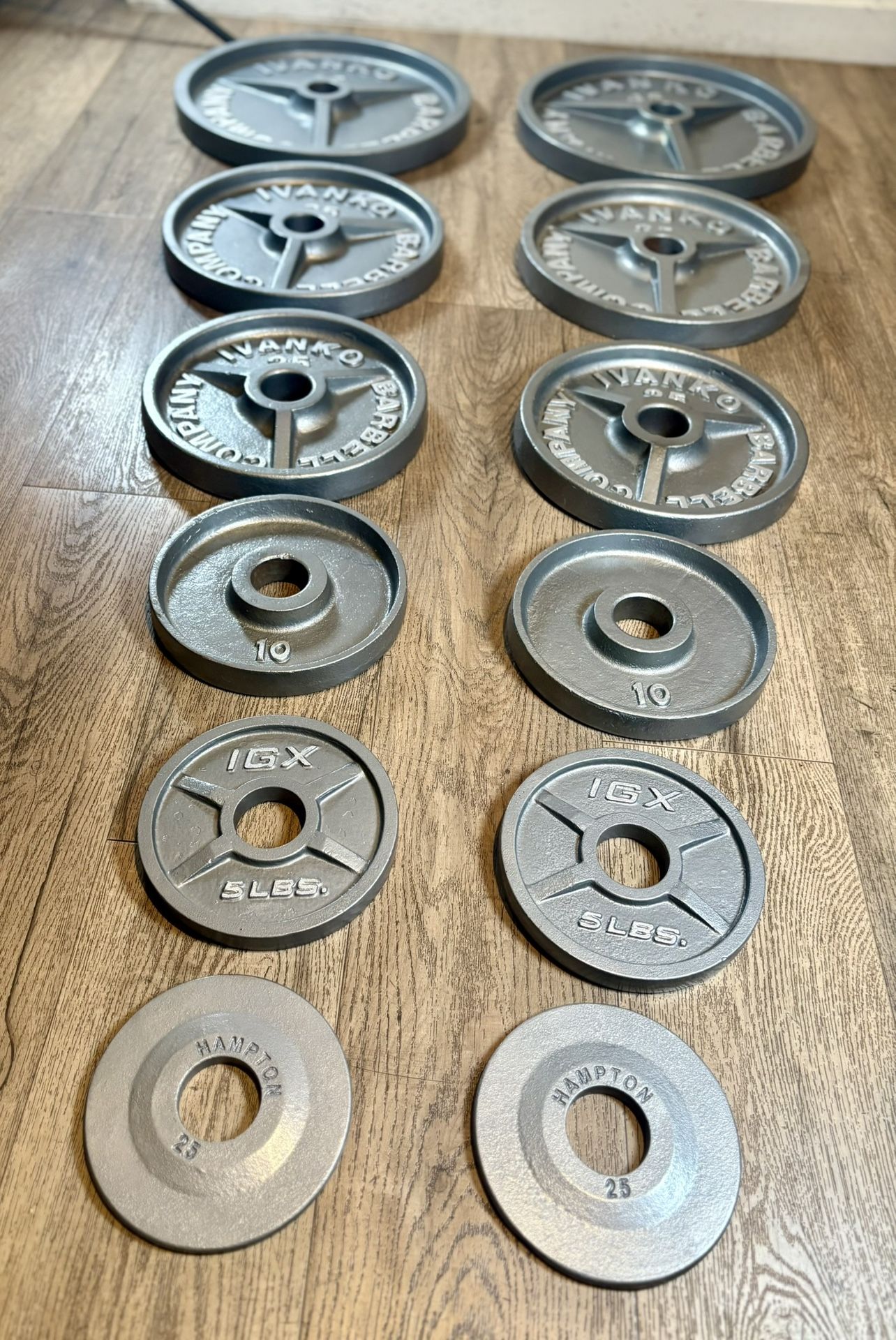 IVANKO’S FULL Olympic Set [ 5s And 2.5s Different Brand] Reconditioned Beautiful Vintage Cast Iron Weight Plates 