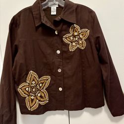 Ladies Brown Linen Jacket With Embroidered Beaded Flowers SZ PM