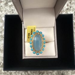 Genuine Turquoise Cluster Statement Ring – Gold Tone Oval Southwestern Ring